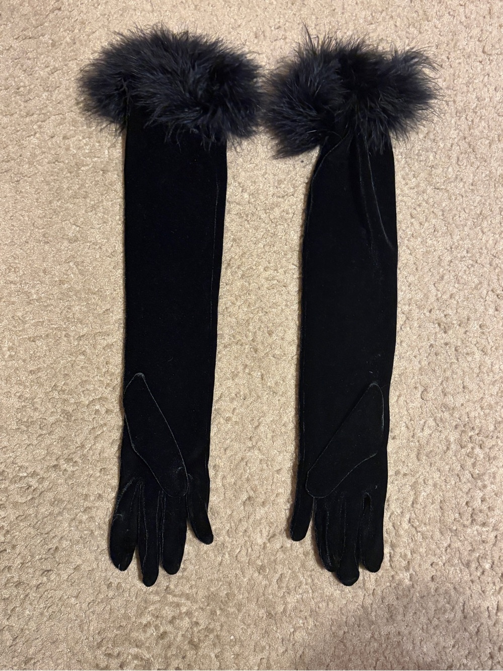 Velvet Elbow Length Gloves with Marabou trim